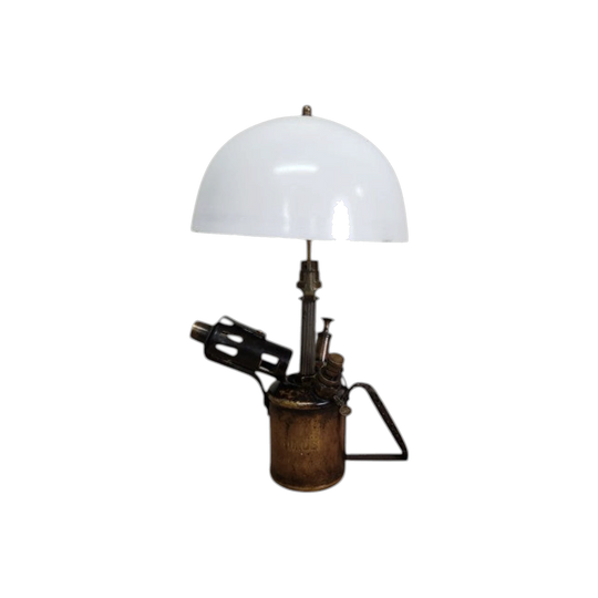 Upcycled Vintage Blowtorch Lamp with White Shade #1