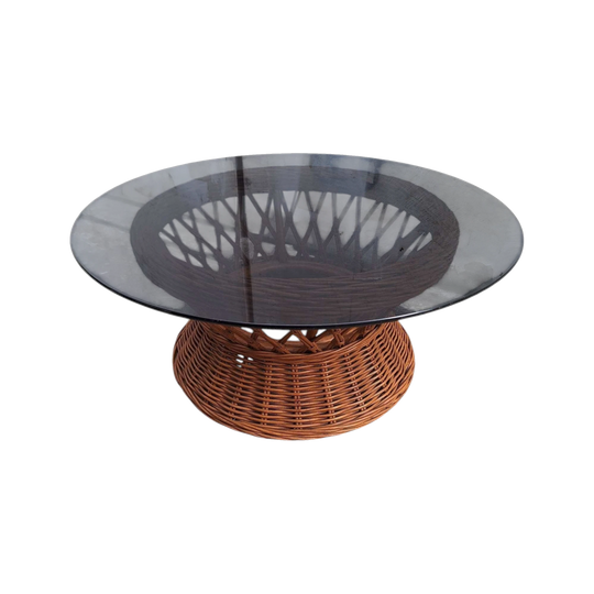 Large Vintage Cane & Smoked Glass Coffee Table