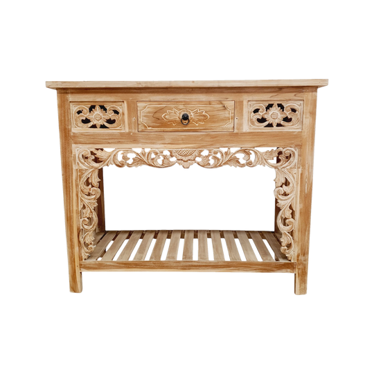 Balinese Hand Carved 2 Drawer Console - Brownwash