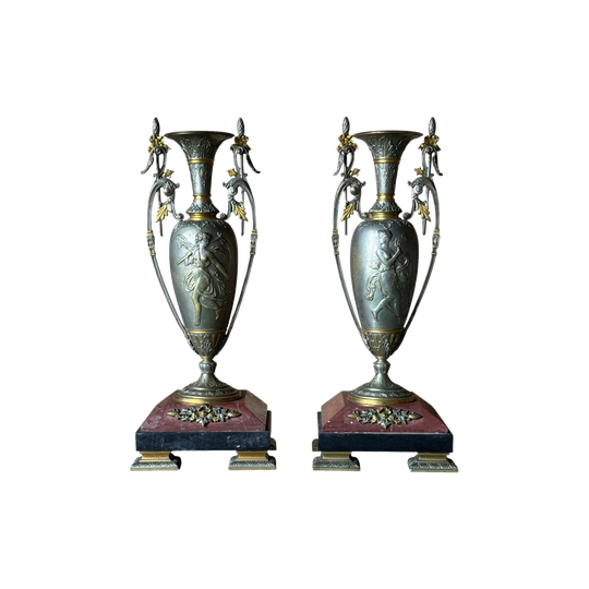 Pair of Antique Patinated Spelter Urns on Footed Stone Bases - 19th Century