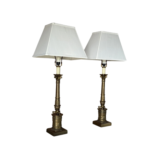 Pair of Vintage Oversized Cast Brass Column Table Lamps