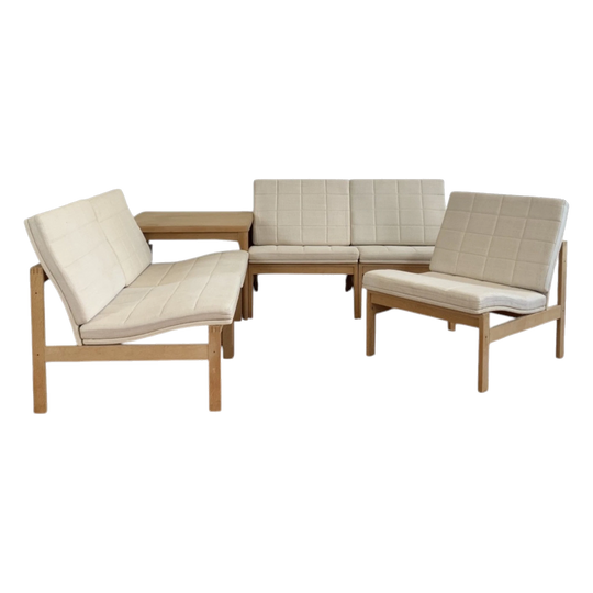 Gjerløv Knudsen Moduline Chairs in Oak + Henning Kjaernulf Oak Coffee Table.