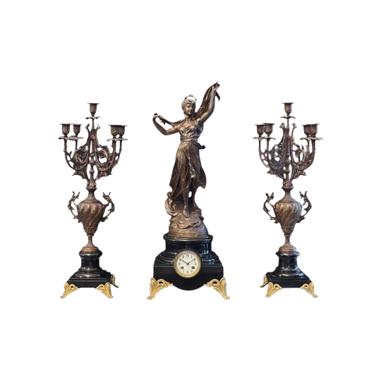 French spelter and marble clock garniture set "Nebuleuse" by Bruchon c.1890