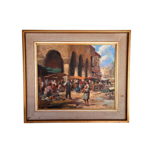 Large Mid Century Original Oil Painting by Gabriele Daube (1901–1988) | European Mediterranean Market Scene | Framed German Impressionist Artwork