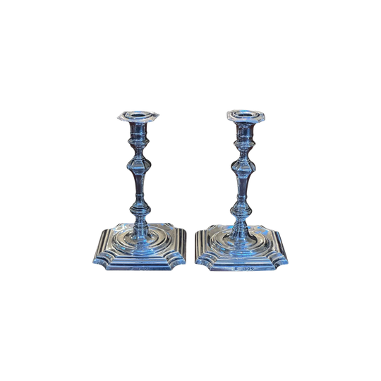 Pair Georgian style sterling silver petite candlesticks London c.1892