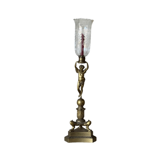 Antique French Empire Revival Gilt Bronze Figural Candlestand with Cut Glass Hurricane