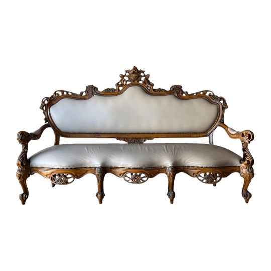 Italian Rococo Revival Carved Walnut Settee with Leather Upholstery