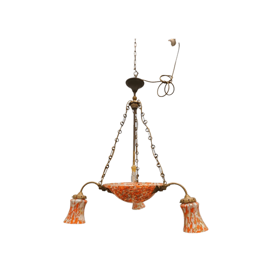 French Art Deco Molten Glass & Brass Chandelier