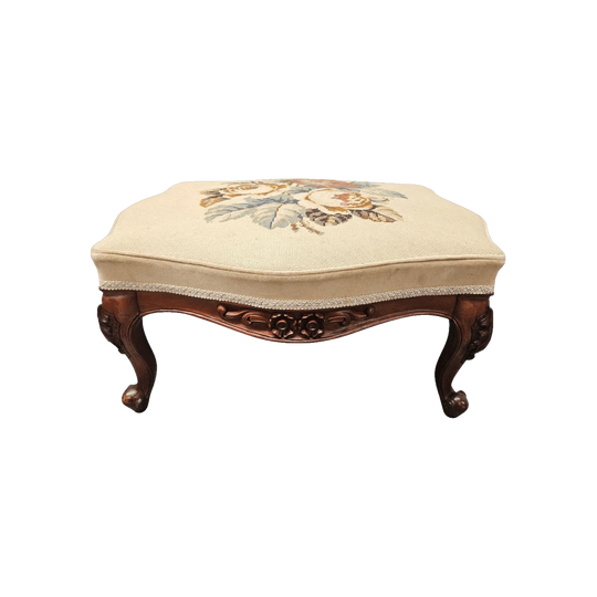 French Mahogany Louis XV Style Footstool With Floral Tapestry