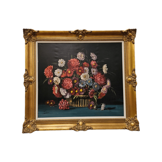 Vibrant Signed Floral Oil on Canvas in Gilt Frame