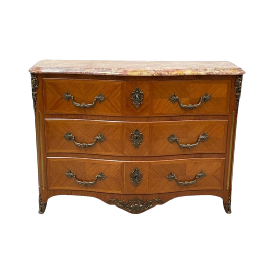 French Louis XIV Style Three Drawer Marble Top Commode
