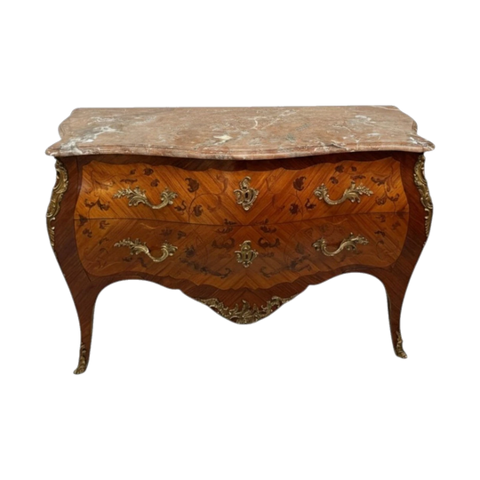 Louis XV Style Marquetry Inlaid Large Marble Topped Commode