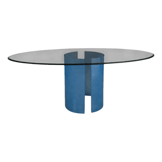 1980s Italian Glass Oval Dining Table with Frosted Blue Glass Pedestal