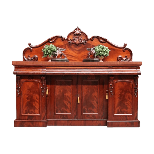 Antique English Mahogany and Flame Mahogany Inverted Breakfront Sideboard with Cellaret