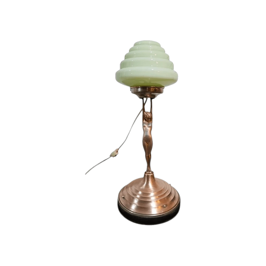 Art Deco 'Diane' copper lamp wide base w/Original glass Green stepped shade 1930s