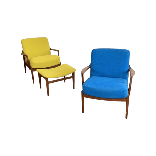 Danish Teak FD125 Lounge Chairs by Tove and Edvard Kindt Larsen for France and Son + Danish Teak Foot Stool. Priced individually.
