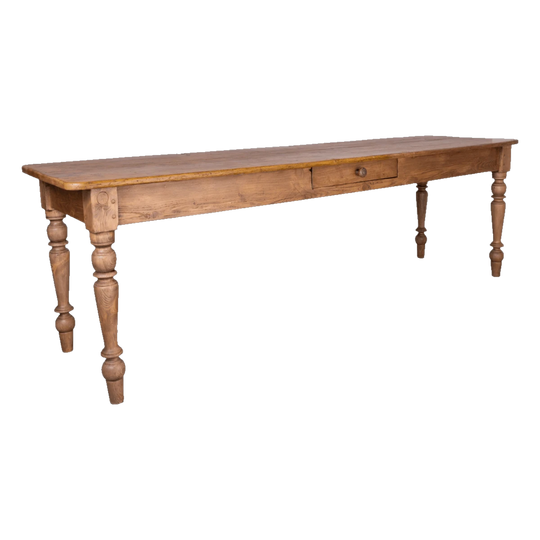 Beautiful Antique French Dining Table in a blonde French Pine with turned legs and central drawer from a chateau near Annecy