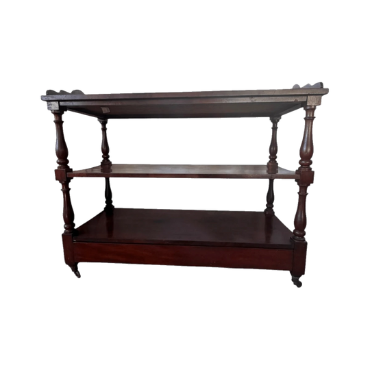 Vintage Mahogany Three-Tier Rolling Tea Cart Buffet Server