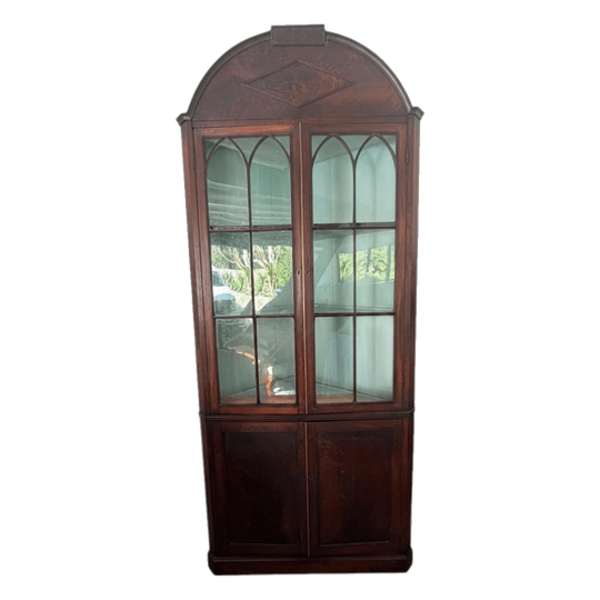Antique Mahogany Corner Display Cabinet Gothic Arch Glazing