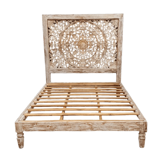 INDAH Hand Carved Teak Wood Panel Bed - Jati Wash