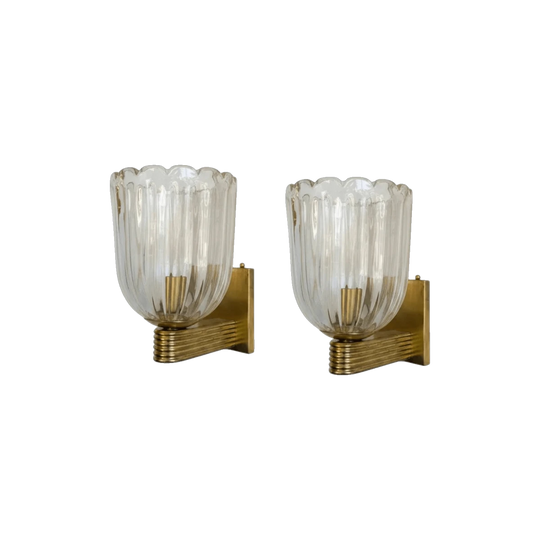 Pair of Murano Fluted Glass with Gold inclusions and Brass Wall Sconces