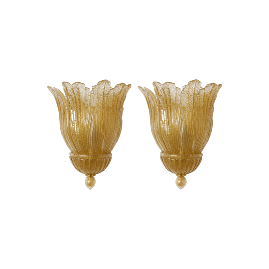Pair of Large Murano "Graniglia "Leaf Murano Glass Wall Sconces
