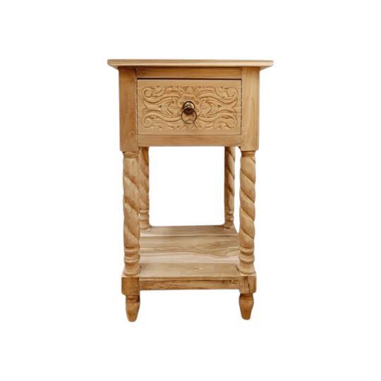 CLASSIC Hand Carved Bedside Table 1 Drawer - Raw