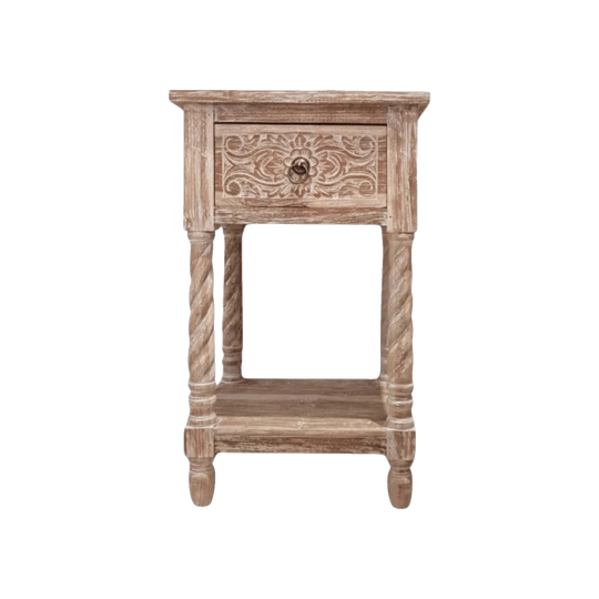 CLASSIC Hand Carved Bedside Table 1 Drawer - Whitewash