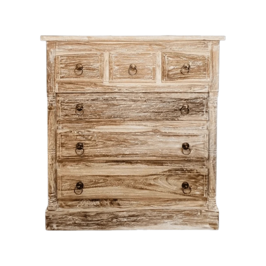 CLASSIC Hand Carved 6 Drawer Tallboy - White Wash
