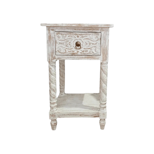 CLASSIC Hand Carved Bedside Table 1 Drawer - Coastal White