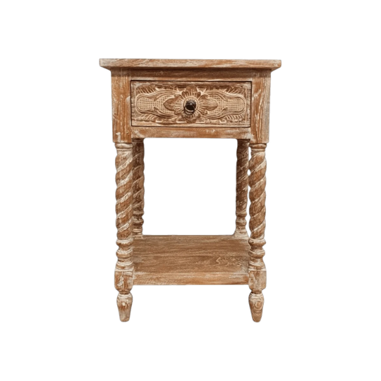 CLASSIC Hand Carved Bedside Table 1 Drawer - Jati Wash