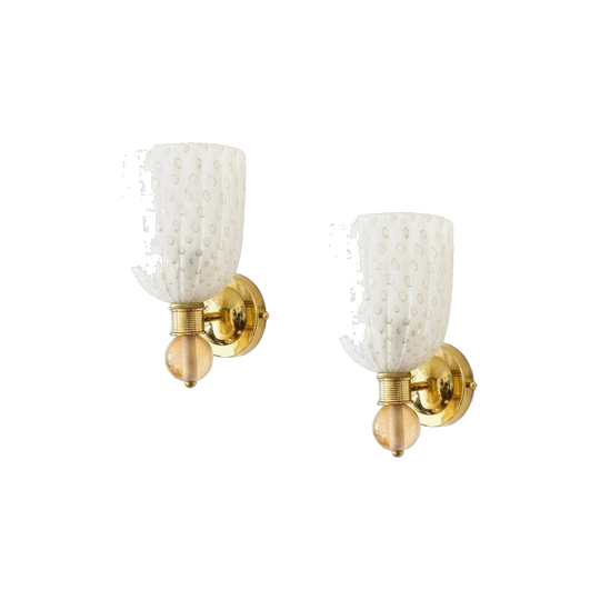 A Pair of Murano White "Pulgegoso" Glass and Brass Wall Sconces