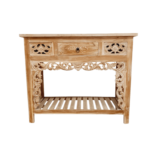Balinese Hand Carved 2 Drawer Console - Whitewash