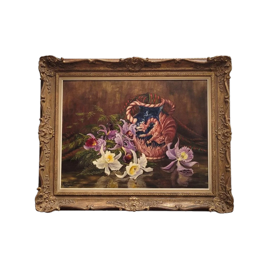 Stunning Oil On Canvas Still Life Flower & Vase Painting
