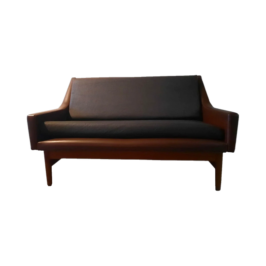 Fler Flerclub 2-seater: rare Australian blackwood & vinyl sofa with new black pineapple plant leather cushions