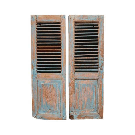 VINTAGE Balinese Cream & Aqua Green Louvre Window Shutters