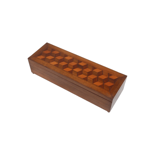 Walnut glove box with inlaid tumbling block parquetry panel