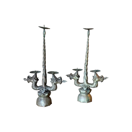 Pair of Chinese Brass Three-Arm Prickets