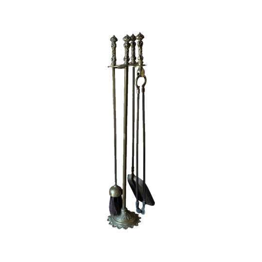 Antique Brass & Steel Fire Tool Set With Stand - Late 19th / Early 20th Century