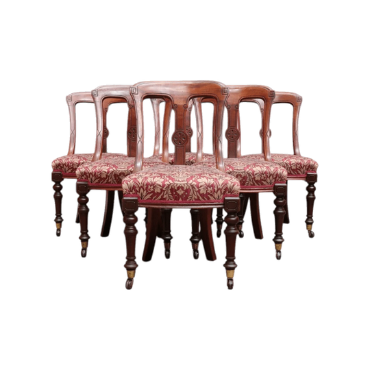 Set of Six Antique English Mahogany Victorian Dining Chairs with Porcelain Castors and Damask Upholstered Seats. 13080