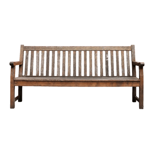 Vintage Hardwood Garden Bench Seat with Arms and Weathered Country Patina. B13067