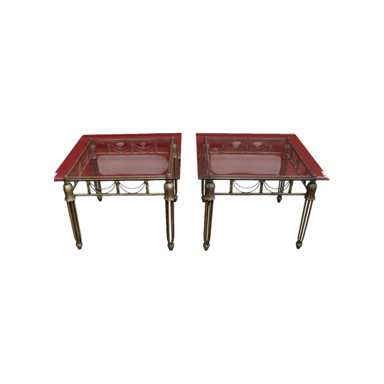 Pair of Hollywood Regency-Style Gilt Metal Side Tables. Bevelled Glass Tops B13073