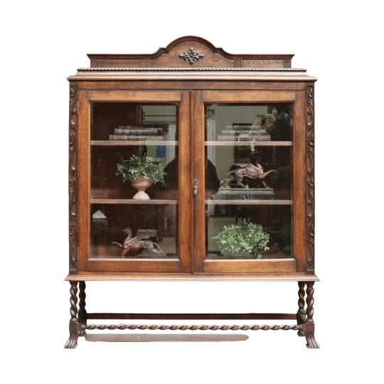 Antique English Oak Two Door Bookcase China Cabinet with Glass Doors and Key