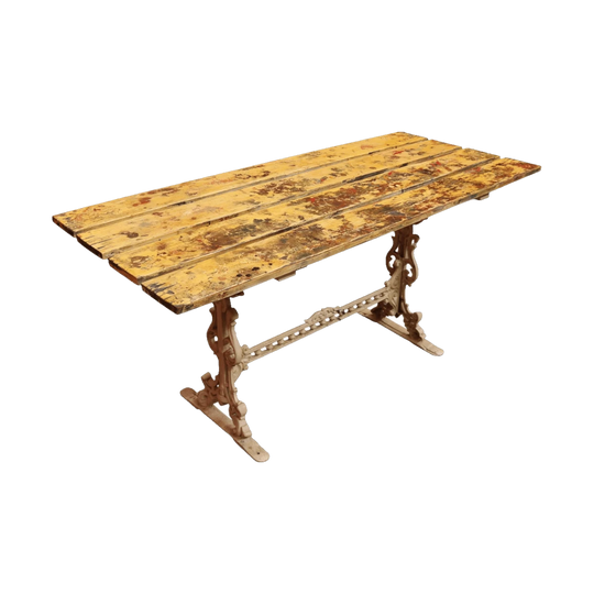 Vintage Cast Garden Pub Table with Timber Plank Top and Ornate Trestle Base. B13066