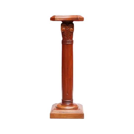 Mahogany Classical Column Pedestal Plant Stand, Carved Acanthus Capital. B13087