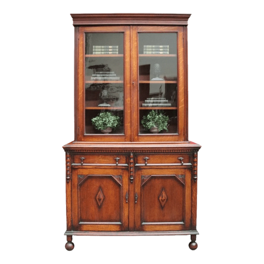 Antique English Oak Two Height Bookcase, Glazed Doors Panel Cupboard and Drawers. B13088