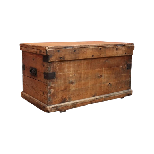 Antique English Pine Lift Lid Storage Trunk/Blanket Box with Iron Hardware. B13113