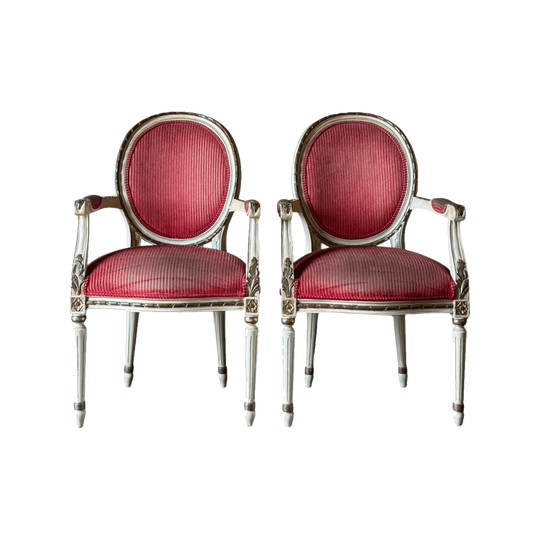 Vintage Pair of French Louis XVI Painted Fauteuils with Red & Gold Upholstery
