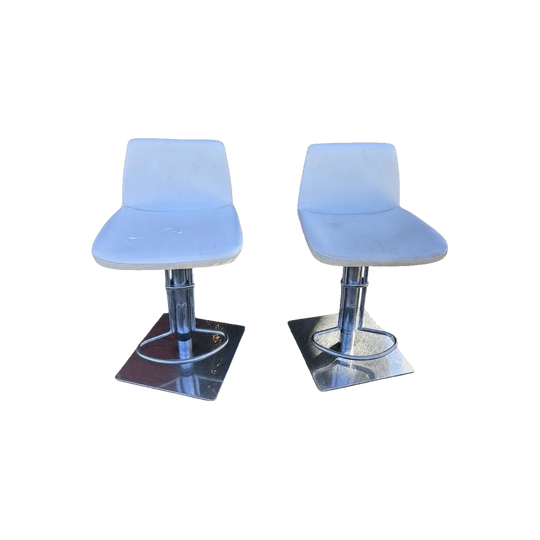 White Leather Bar Stools Pair - Chrome Swivel Base