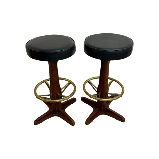 Mid Century 60s-70s Pair Of Swivel Bar Stools With Brass Footrest